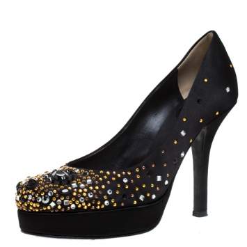 Pre Owned Dolce & Gabbana Black Crystal Embellished Satin Platform Pumps Size 38
