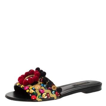 Pre Owned Dolce & Gabbana Black Leather Pom Pom And Mirror Embellished Flat Sandals Size 35