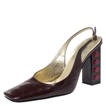 Pre Owned Dolce & Gabbana Maroon Patent Leather Square Toe Embellished Heels Slingback Pumps Size 38