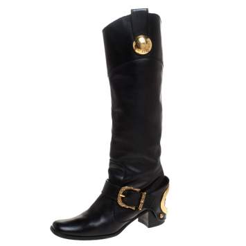 Pre Owned Dolce & Gabbana Black Leather Buckle Mid Calf Boots Size 37.5