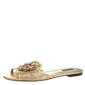 Pre Owned Dolce & Gabbana Gold Lace Sofia Crystal Embellished Slide Flats Size 40