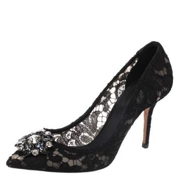 Pre Owned Dolce & Gabbana Black Lace Crystal Embellished Pointed Toe Pumps Size 39.5