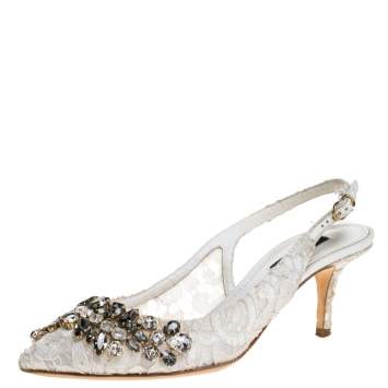 Pre Owned Dolce & Gabbana White Crystal Embellished Lace Pointed Toe Slingback Sandals Size 36