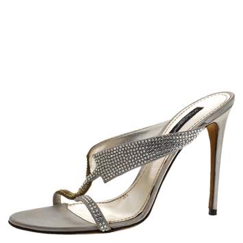 Pre Owned Dolce & Gabbana Green And Silver Crystal Embellished Satin Open Toe Sandals Size 39.5