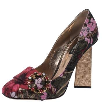 Pre Owned Dolce & Gabbana Multicolor Floral Brocade Fabric Embellished Block Heel Pumps Size 39