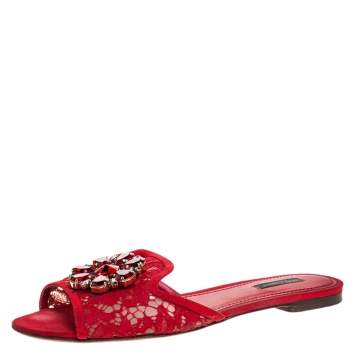 Pre Owned Dolce & Gabbana Red Lace Crystal Embellished Flat Slides Size 40