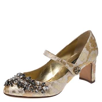 مملوكة مسبقًا Dolce & Gabbana White/Gold Brocade Fabric Crystal Embellished Mary Jane Pumps Size 37