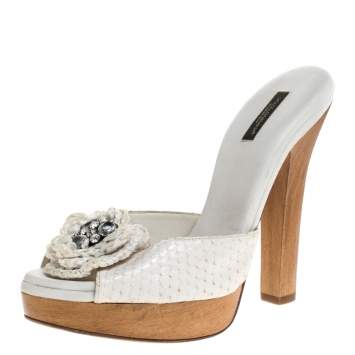 Pre Owned Dolce & Gabbana White Python Embellished Wooden Platform Slides Size 40