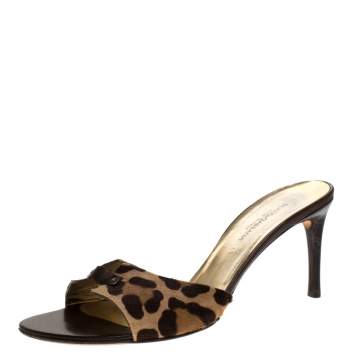 Pre Owned Dolce & Gabbana Brown Leopard Print Pony Hair Slide Sandals Size 40