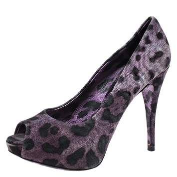 Pre Owned Dolce & Gabbana Purple/Black Leopard Print Canvas Peep Toe Pumps Size 37