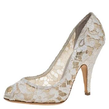 Pre Owned Dolce & Gabbana Off-white Lace And Satin Peep Toe Pumps Size 39.5