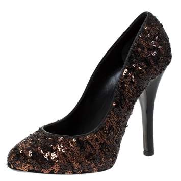 Pre Owned Dolce & Gabbana Metallic Two Tone Sequins Embellished Platform Pumps Size 38