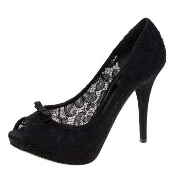 Pre Owned Dolce & Gabbana Black Lace Peep Toe Bow Pumps Size 41