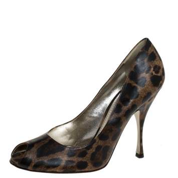 Pre Owned Dolce & Gabbana Brown Leopard Print Leather Peep Toe Platform Pumps Size 40