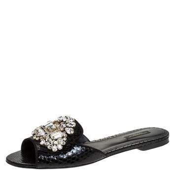 Pre Owned Dolce & Gabbana Black Crystal Embellished Snakeskin Leather Bianca Flat Slides Size 40