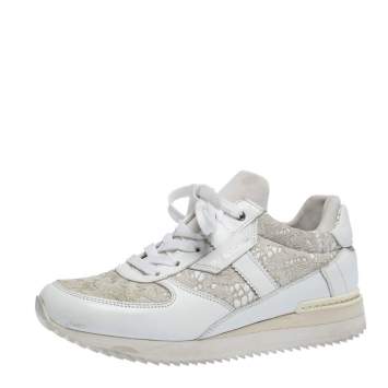 Pre Owned Dolce & Gabbana White Floral Lace and Leather Low Top Sneakers Size 36