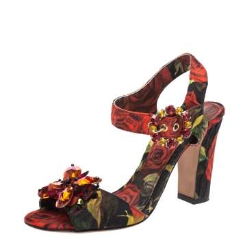 Pre Owned  Dolce & Gabbana Multicolor Floral Printed Fabric Crystal Embellished Ankle Strap Sandals Size 36