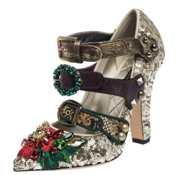 Pre Owned Dolce & Gabbana Multicolor Mixed Media Crystal Embellished Mary Jane Pumps Size 37