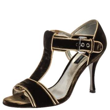 Pre Owned Dolce & Gabanna Dark Brown/Gold Velvet And Leather Trim T-Bar Sandals Size 37