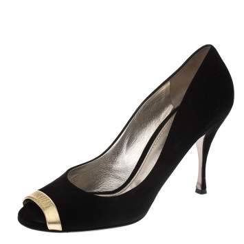 Pre Owned Dolce & Gabbana Black Suede And Gold Leather Peep Toe Buckle Pumps Size 41