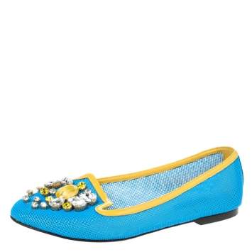 Pre Owned Dolce & Gabbana Blue/Yellow Woven Leather And Patent Trim Crystal Embellished Ballet Flats Size 37