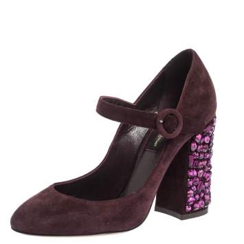 Pre Owned Dolce & Gabbana Burgundy Suede Mary Jane Crystal Embellished Heel Pumps Size 36