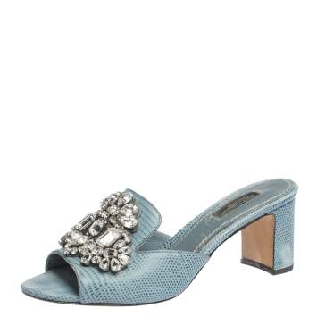 Pre Owned Dolce & Gabbana Light Blue Embossed Lizard Leather Crystal Embellished Sandals Size 37