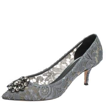 Pre Owned Dolce & Gabbana Grey Crystal Embellished Lace Bellucci Pointed Toe Pumps Size 39