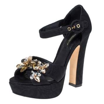 Pre Owned Dolce & Gabbana Black Floral Fabric Embellished Platform Ankle Strap Sandals Size 36