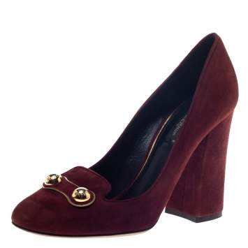 مملوكة مسبقًا Dolce & Gabbana Brown Suede Logo Studded Block Heel Pumps Size 37