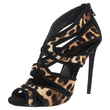 Pre Owned Dolce & Gabbana Leopard Print Pony Hair And Suede Leather Trim Cut Out Gladiator Sandals Size 39