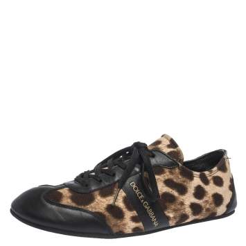 Pre Owned Dolce & Gabbana Brown Leopard Print Canvas And Black Leather Lace Up Sneakers Size 38