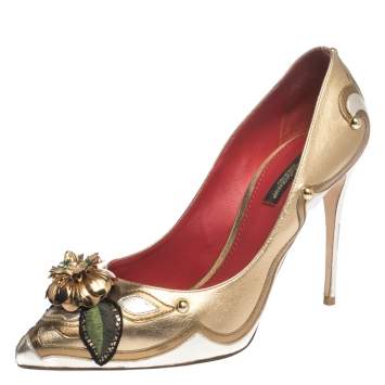 Pre Owned Dolce & Gabbana Metallic Gold/Silver Leather Metal Flower And Stud Embellished Pointed Toe Pumps Size 39