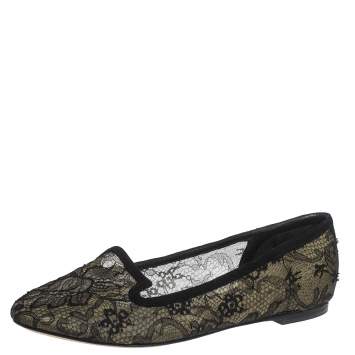 Pre Owned Dolce & Gabbana Black Lace And Suede Trim Ballet Flats Size 39