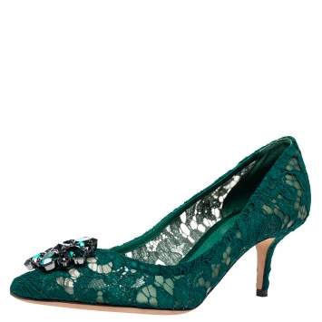 Pre Owned Dolce & Gabbana Green Lace Bellucci Crystal Embellished Pumps Size 41