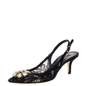Pre Owned Dolce & Gabbana Black Lace Crystal Embellished Slingback Pointed Toe Sandals Size 39.5