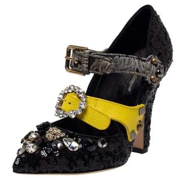 Pre Owned Dolce & Gabbana Black Sequins Embellished Buckle Strap Crystals Mary Jane Pumps Size 37