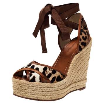Pre Owned Dolce & Gabbana Leopard Calf Hair and Leather Ankle Wrap Espadrille Wedges Size 37