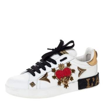 Pre Owned  Dolce and Gabbana White Leather Portofino Heart Embellished Low Top Sneakers Size 38