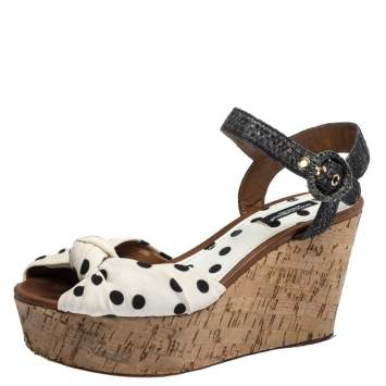 Pre Owned Dolce & Gabbana White/Gray Polka Dot Fabric and Raffia Cork Wedge Sandals Size 37