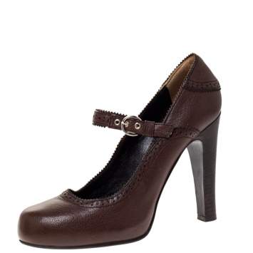 Pre Owned Dolce and Gabbana Brown Leather Brogue Detail Mary Jane Pumps Size 39