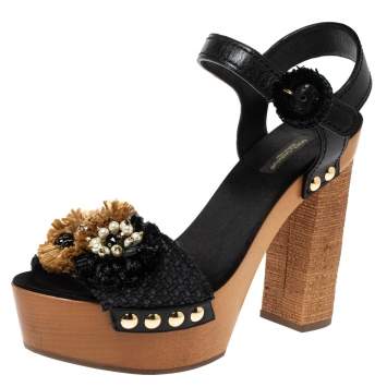 Pre Owned Dolce & Gabbana Black/Brown Leather And Raffia Embellished Platform Ankle Strap Sandals Size 40