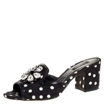 Pre Owned Dolce & Gabbana Black/White Polka Dot Brocade Fabric Crystal Embellished Sandals Size 39