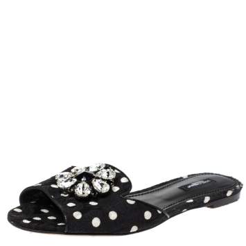 Pre Owned Dolce & Gabbana Black/White Polka Dot Fabric Crystal Embellished Bianca Flat Slides Size 39