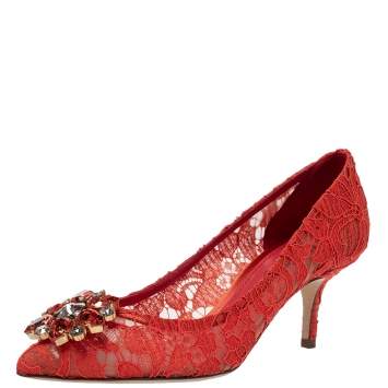 Pre Owned Dolce & Gabbana Orange Lace Jeweled Embellishment Pointed Toe Pumps Size 38