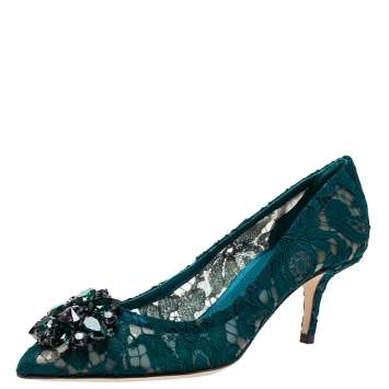مملوكة مسبقًا Dolce & Gabbana Green Lace Jewel Embellished Pointed Toe Pumps Size 38