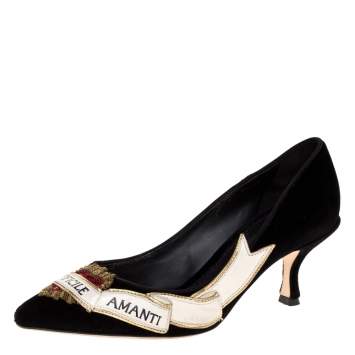 Pre Owned Dolce & Gabbana Black Velvet And White Leather Amari Ama Pointed Toe Pumps Size 37