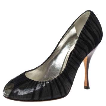 Pre Owned Dolce & Gabbana Black Mesh Fabric And PVC Peep Toe Pumps Size 37.5