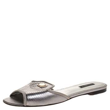 Pre Owned Dolce & Gabbana Metallic Grey Lizard Embossed Leather Sofia Slides Size 39