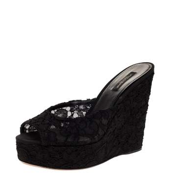 Pre Owned Dolce & Gabbana Black Lace Platform Wedge Sandals Sizes 38